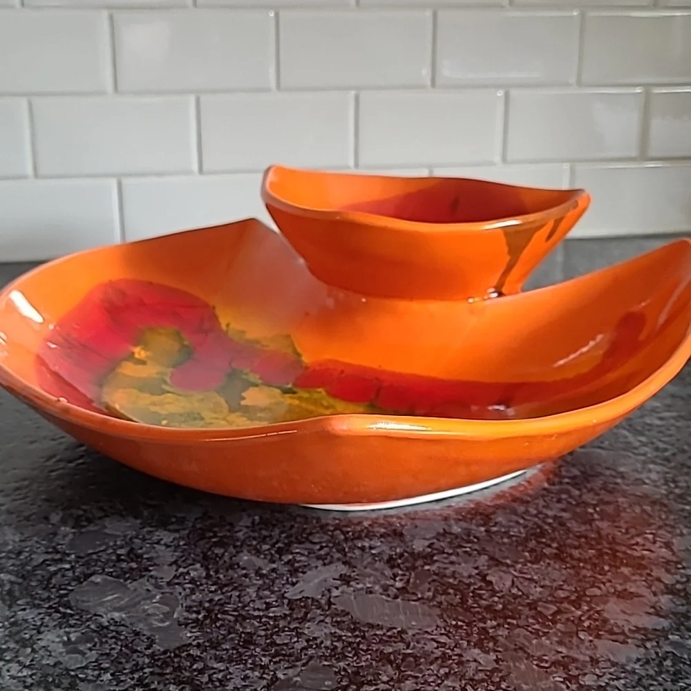 Vintage Maurice's of California Pottery Orange Glaze Chip and Dip Bowl